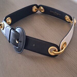 Salvatore Ferragamo Belt Navy White Leather Gold Links Made in Italy VTG 90s S/M